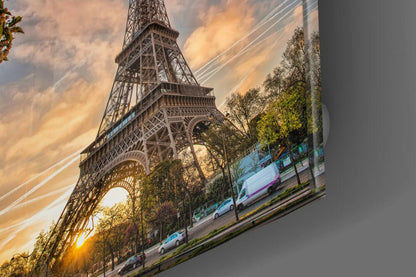 Eiffel Tower Sunset Blossoms Glass Wall Art