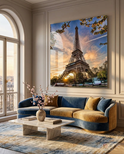 Eiffel Tower Sunset Blossoms Glass Wall Art