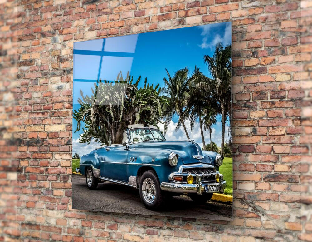 Blue vintage convertible car displayed on glass wall art mounted on red brick, with palm trees and clear sky visible in the photograph.