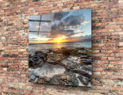Rocky Shore Sunset Square Glass Wall Art