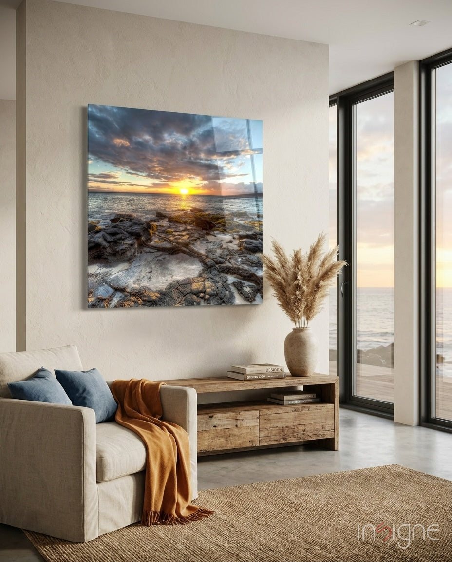 Rocky Shore Sunset Square Glass Wall Art