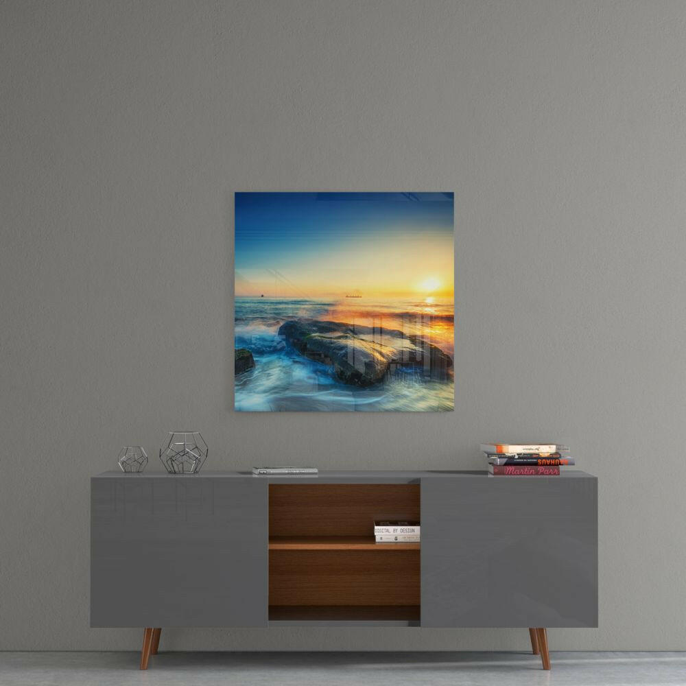 Rocky Shore Ocean Sunset Glass Wall Art
