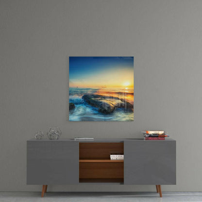 Rocky Shore Ocean Sunset Glass Wall Art