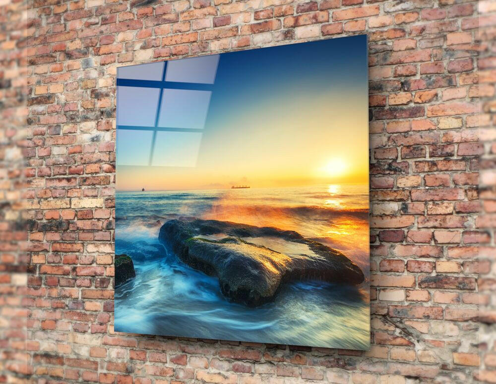 Rocky Shore Ocean Sunset Glass Wall Art