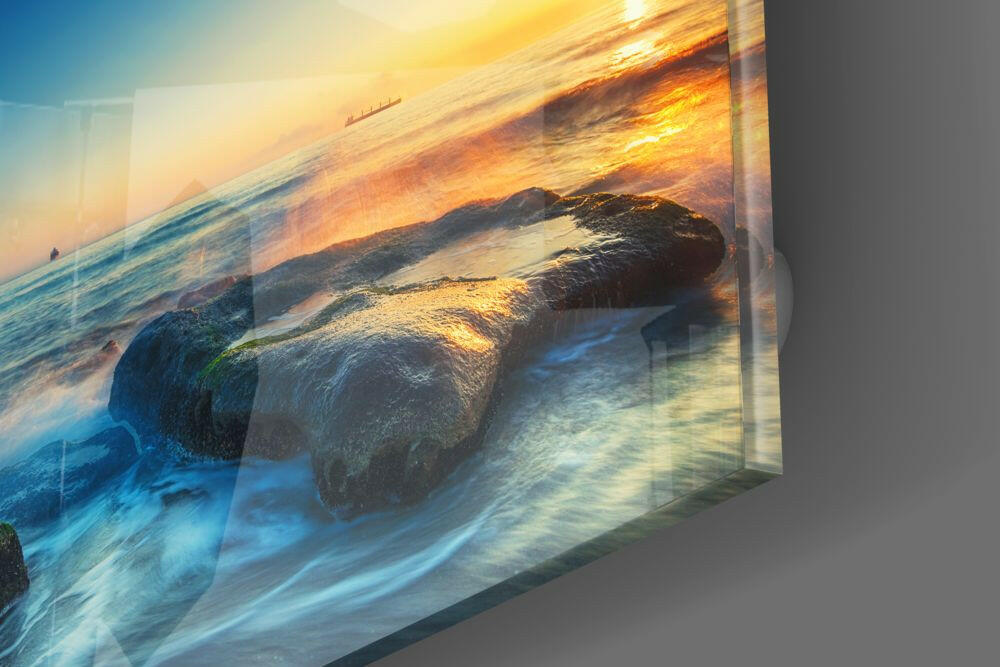 Rocky Shore Ocean Sunset Glass Wall Art