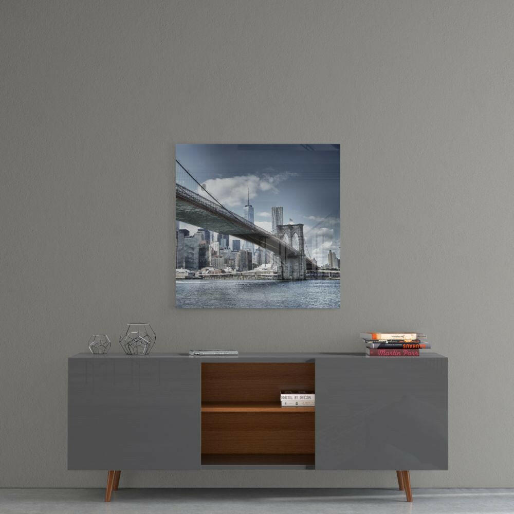 Blue Sky Brooklyn Bridge Skyline Glass Wall Art