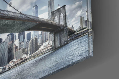Blue Sky Brooklyn Bridge Skyline Glass Wall Art