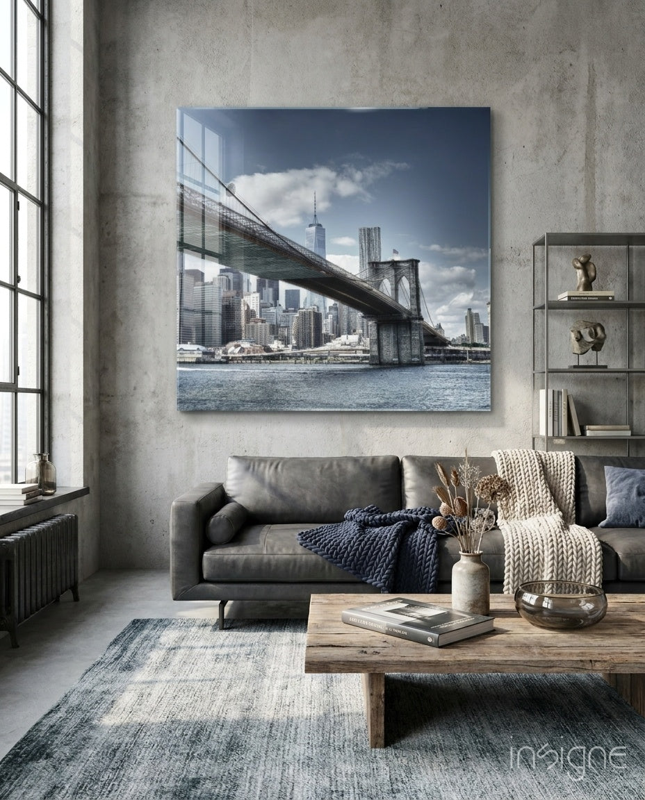 Blue Sky Brooklyn Bridge Skyline Glass Wall Art