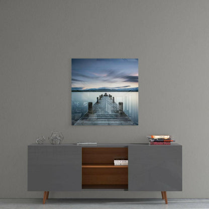 Tranquil Blue Lake Wooden Jetty Glass Wall Art