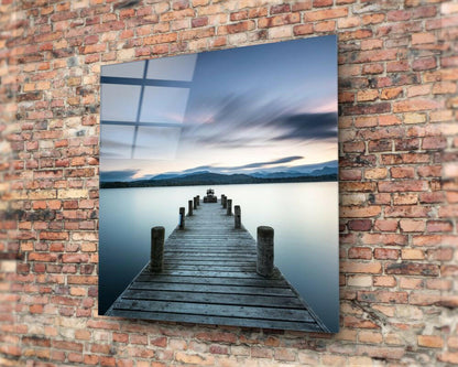 Tranquil Blue Lake Wooden Jetty Glass Wall Art