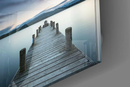 Tranquil Blue Lake Wooden Jetty Glass Wall Art