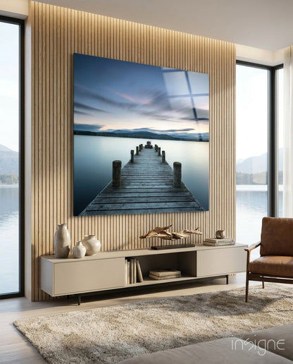 Tranquil Blue Lake Wooden Jetty Glass Wall Art