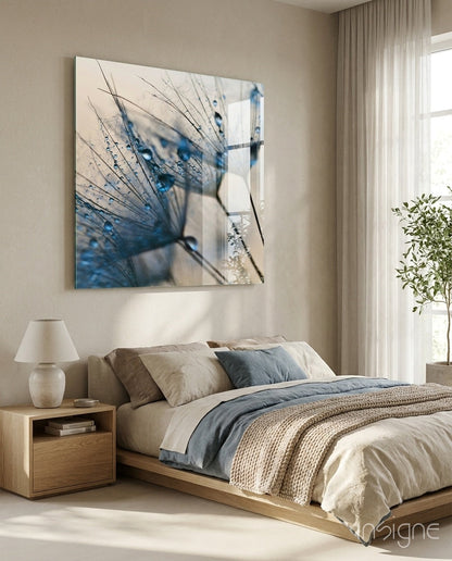 Blue Dewdrop Dandelion Glass Wall Art