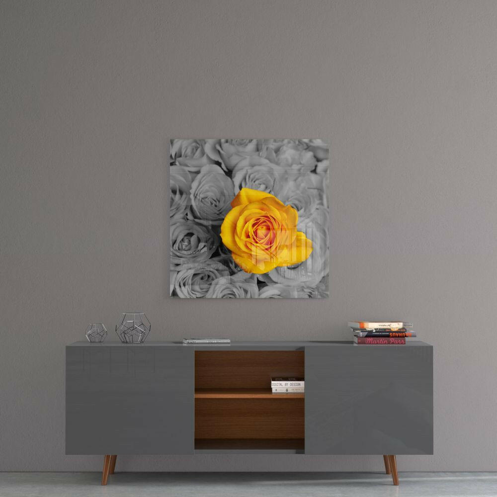 Yellow Rose Gray Bouquet Glass Wall Art