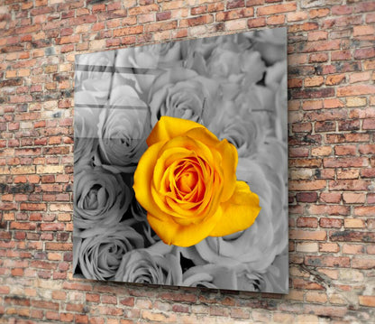 Yellow Rose Gray Bouquet Glass Wall Art