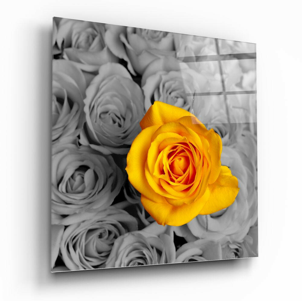 Yellow Rose Gray Bouquet Glass Wall Art