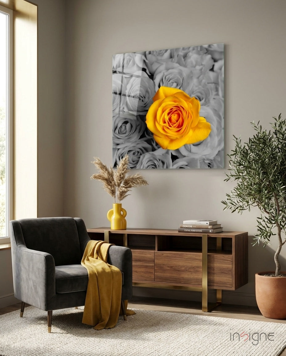 Yellow Rose Gray Bouquet Glass Wall Art