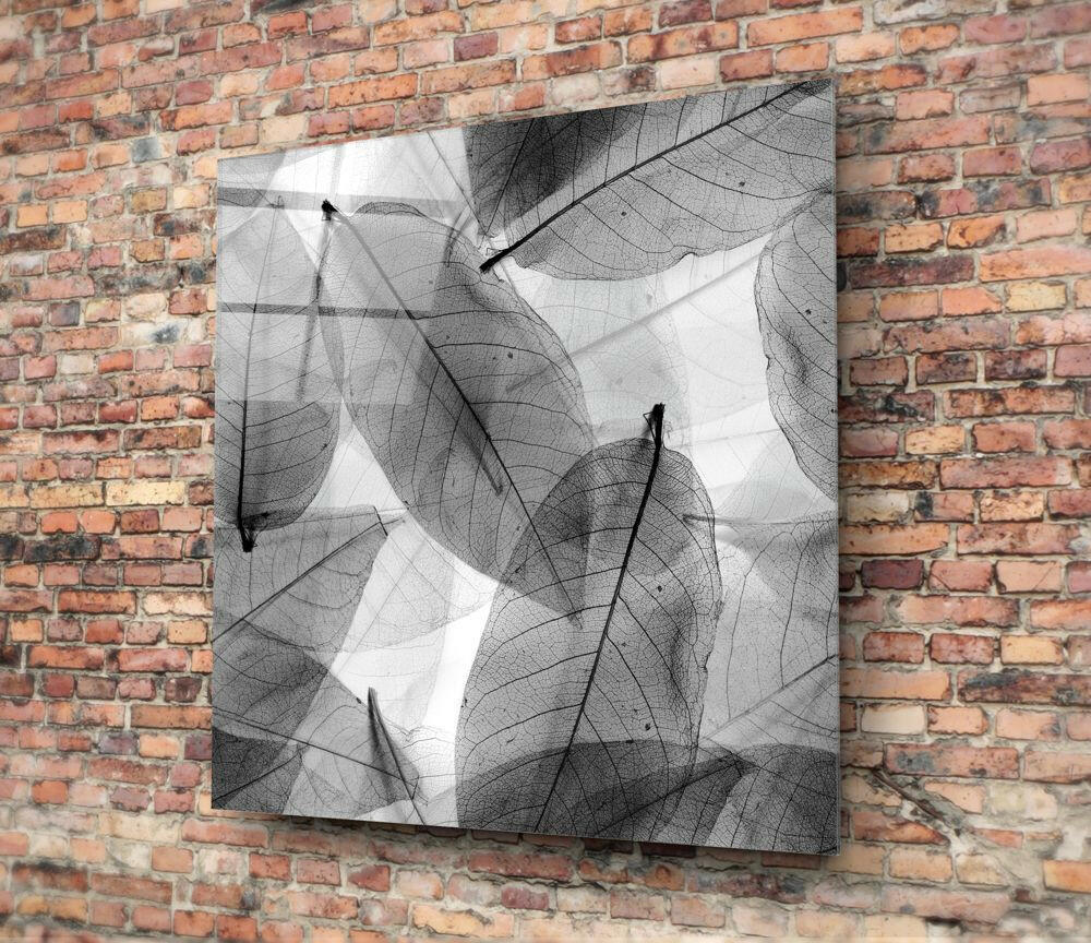 Black and white glass wall art featuring overlapping skeletal leaf designs mounted on a red brick wall.