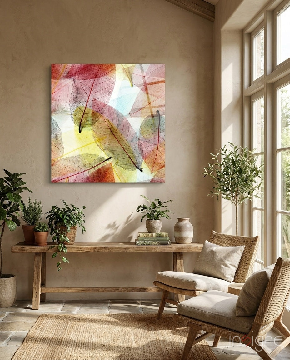 Translucent Skeleton Leaves Warm Glow Glass Wall Art