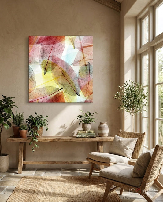 Translucent skeleton leaves glass art with pink, yellow, and green hues displayed above wooden console table in sunlit room.