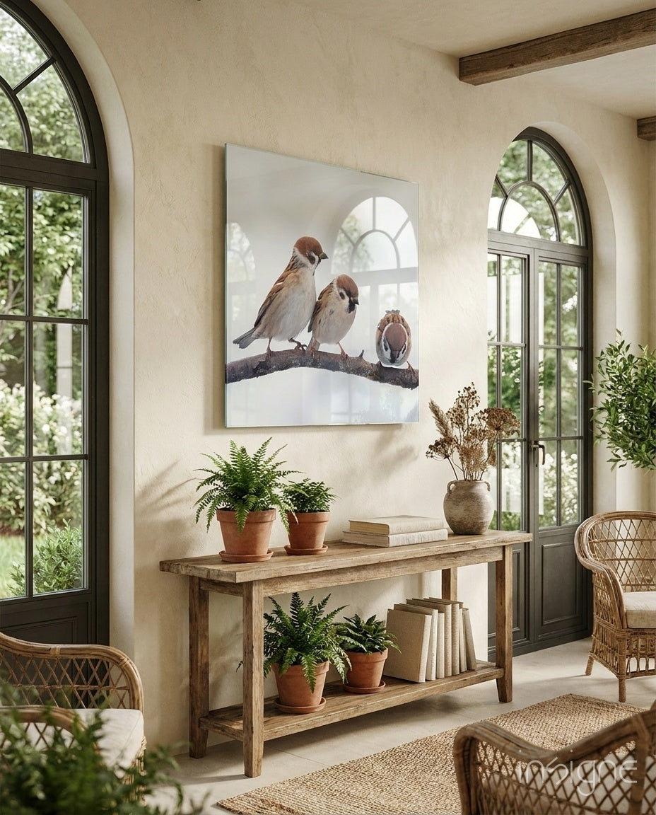 Three Sparrows On Snowy Branch Glass Wall Art