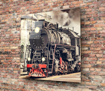 Vintage Black Steam Locomotive Front Glass Wall Art