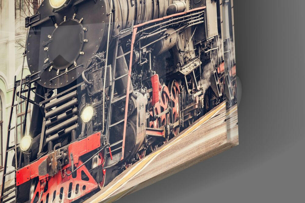 Vintage Black Steam Locomotive Front Glass Wall Art