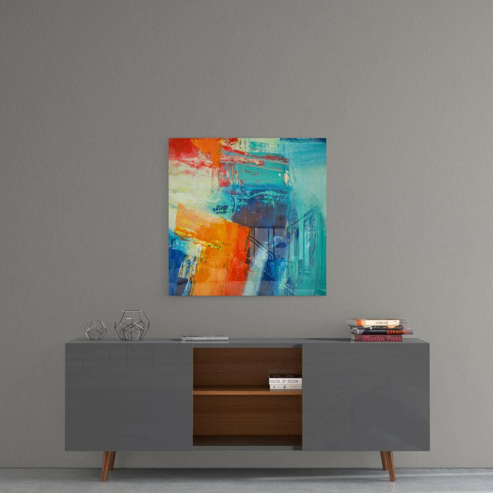 Vibrant Orange Teal Abstract Glass Wall Art