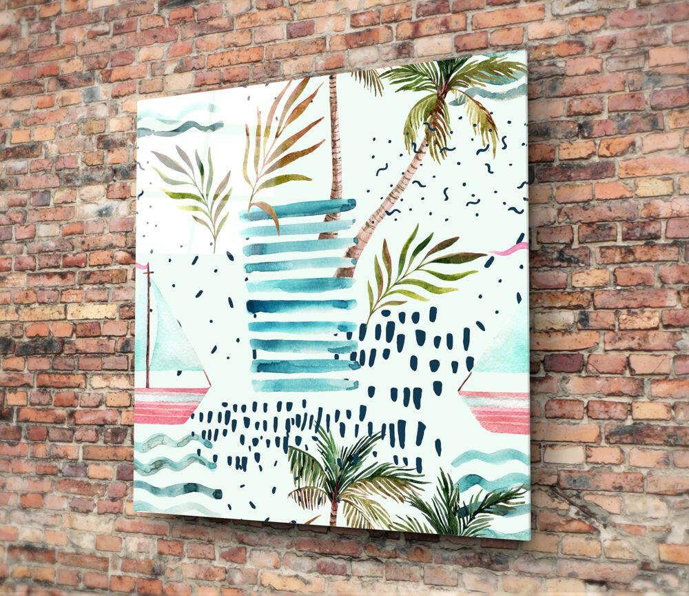 Tropical Palm and Sailboat Glass Wall Art
