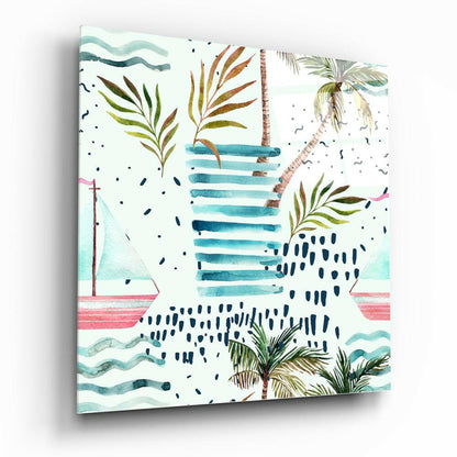 Tropical Palm and Sailboat Glass Wall Art