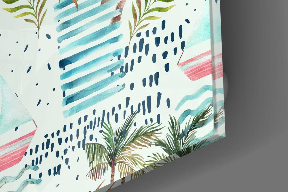 Tropical Palm and Sailboat Glass Wall Art