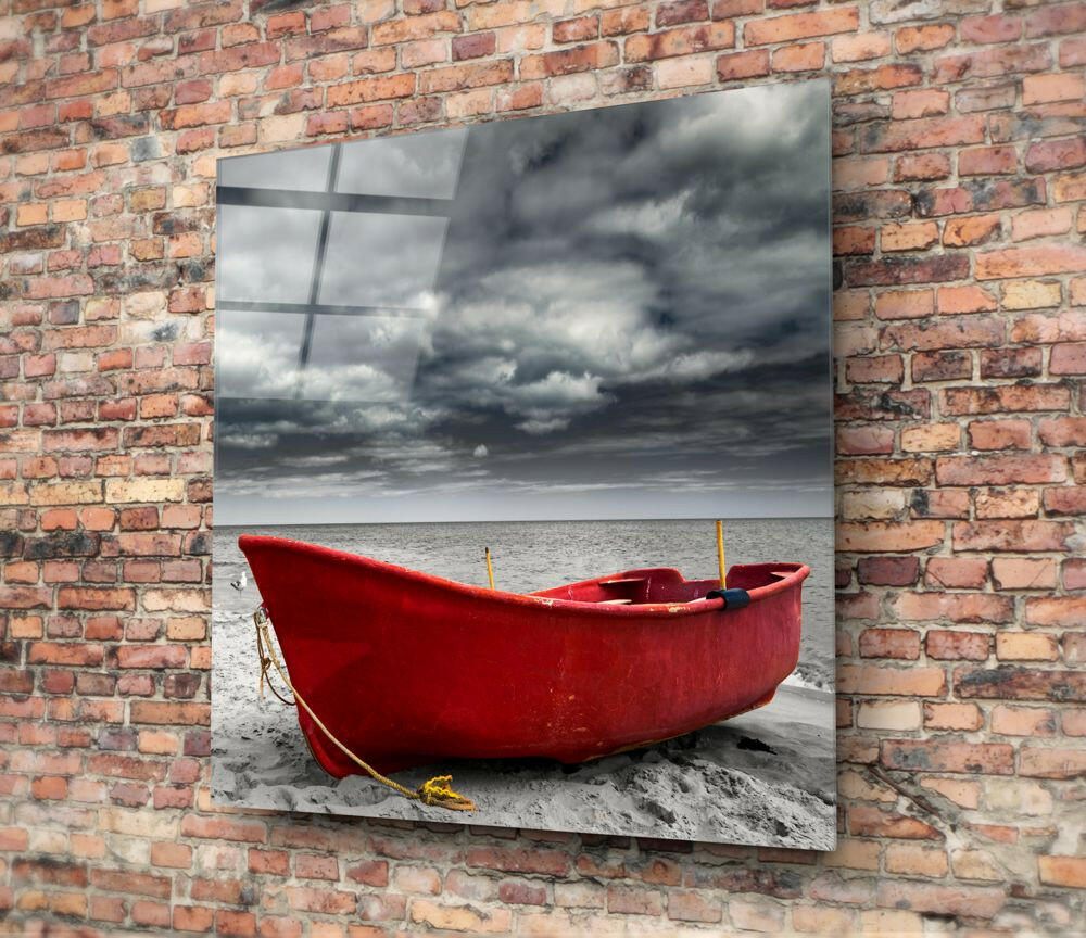 Crimson Fishing Boat Cloudy Shore Glass Wall Art