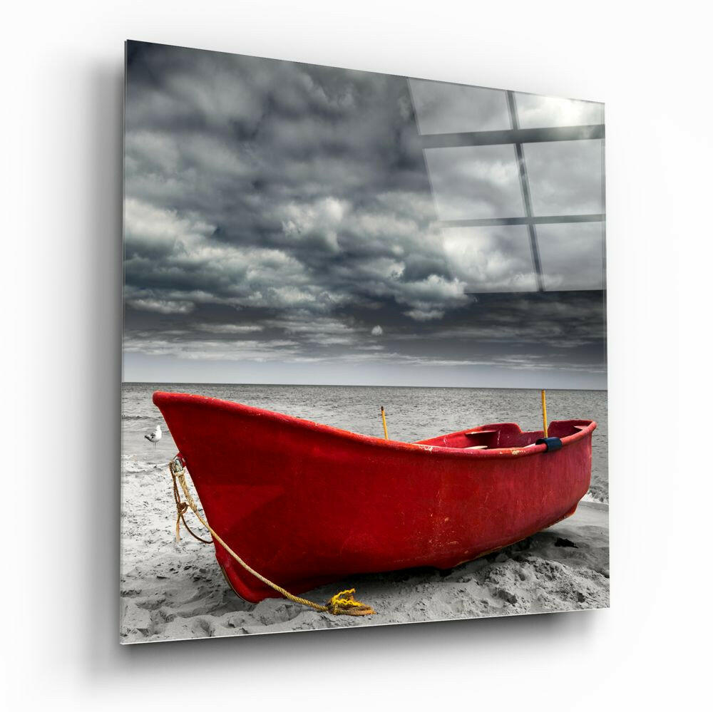 Crimson Fishing Boat Cloudy Shore Glass Wall Art