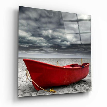 Crimson Fishing Boat Cloudy Shore Glass Wall Art