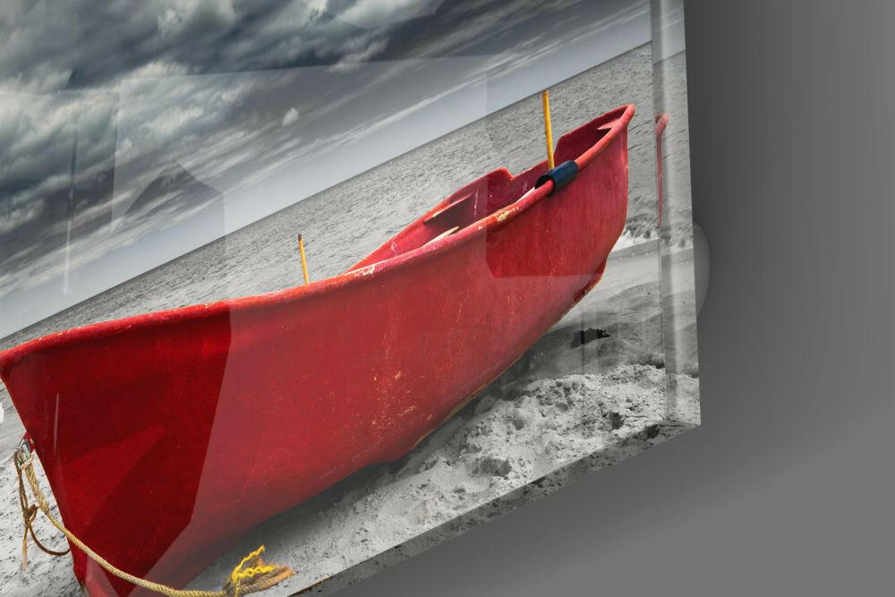 Crimson Fishing Boat Cloudy Shore Glass Wall Art