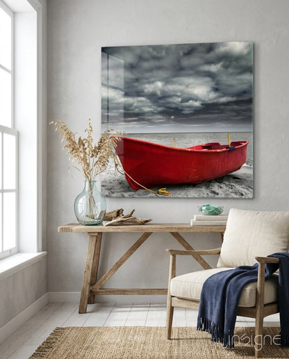 Crimson Fishing Boat Cloudy Shore Glass Wall Art