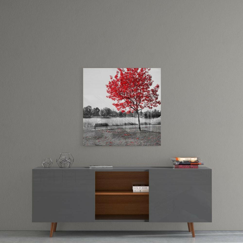 Red Tree Lakeside Bench Glass Wall Art
