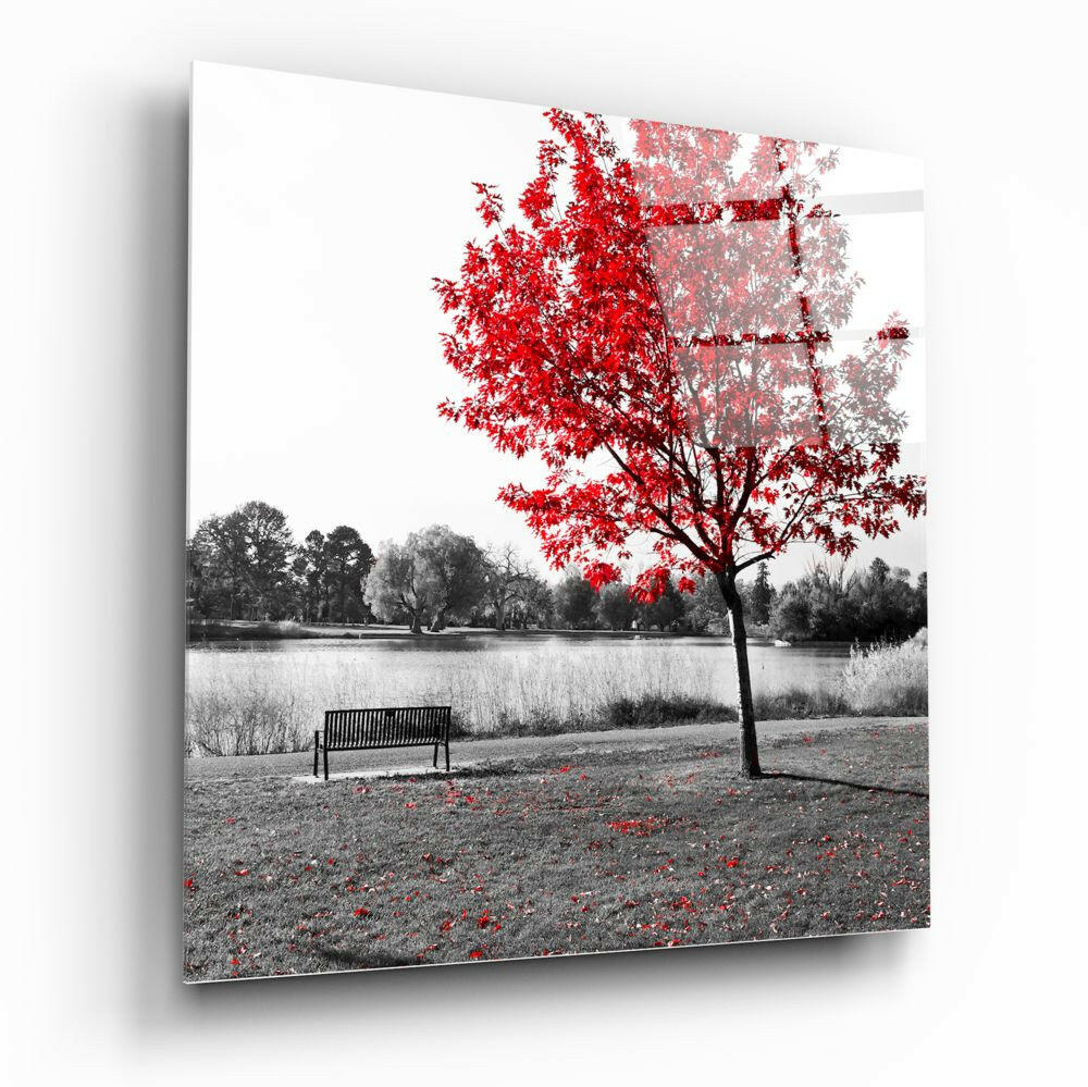 Red Tree Lakeside Bench Glass Wall Art
