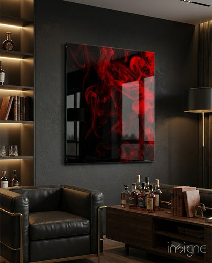 Crimson Smoke Swirl On Black Glass Wall Art