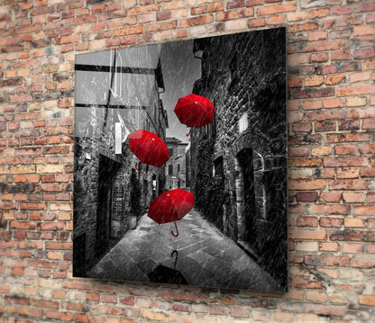 Three Floating Red Umbrellas Rainy Alley Glass Wall Art
