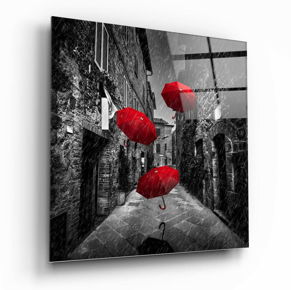 Three Floating Red Umbrellas Rainy Alley Glass Wall Art