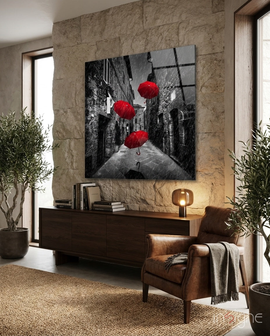 Three Floating Red Umbrellas Rainy Alley Glass Wall Art