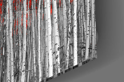 Square White Birch Trunks Red Leaves Glass Wall Art