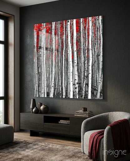 Square White Birch Trunks Red Leaves Glass Wall Art