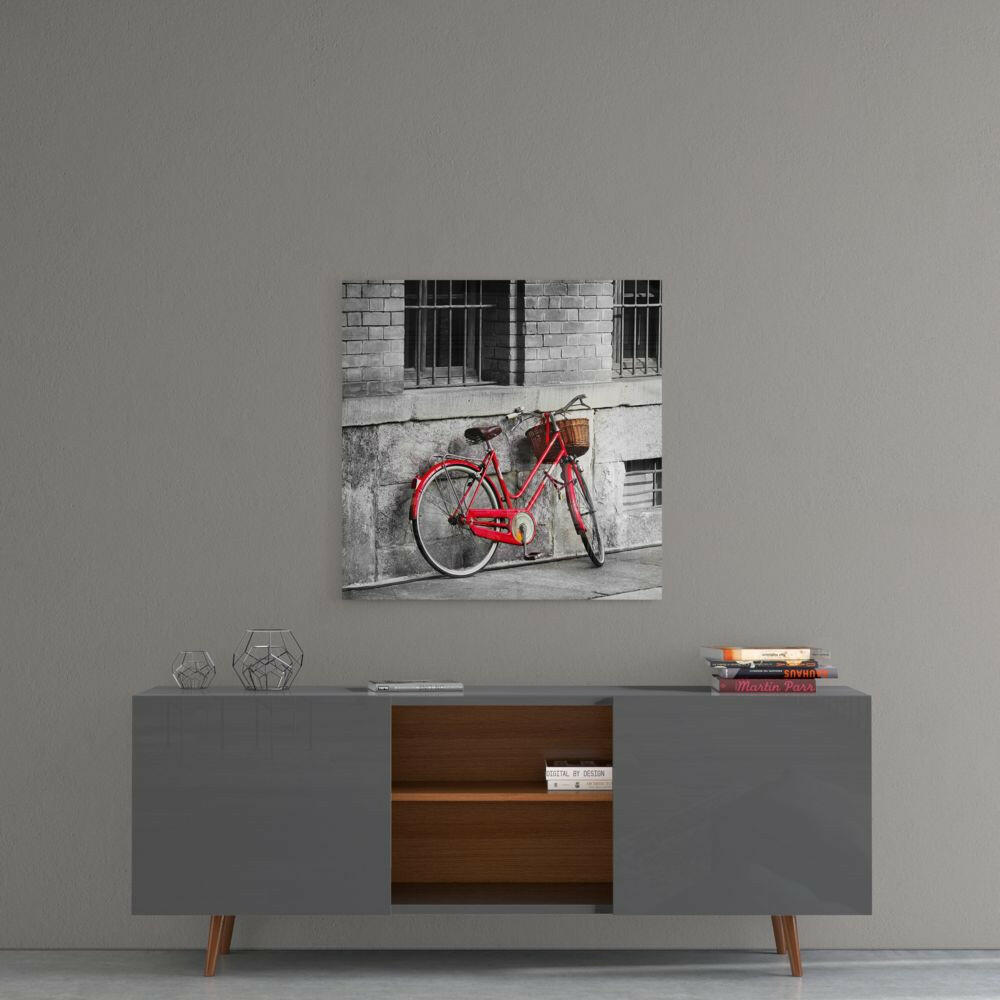 Red Bicycle Basket Brick Alley Glass Wall Art