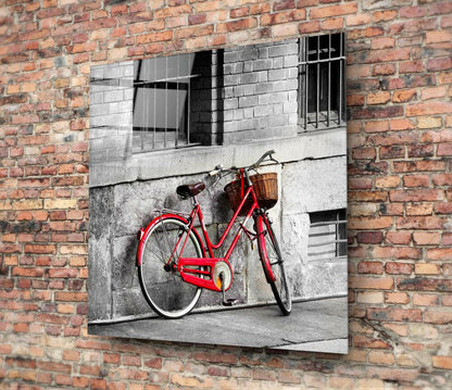Red Bicycle Basket Brick Alley Glass Wall Art