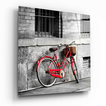 Red Bicycle Basket Brick Alley Glass Wall Art
