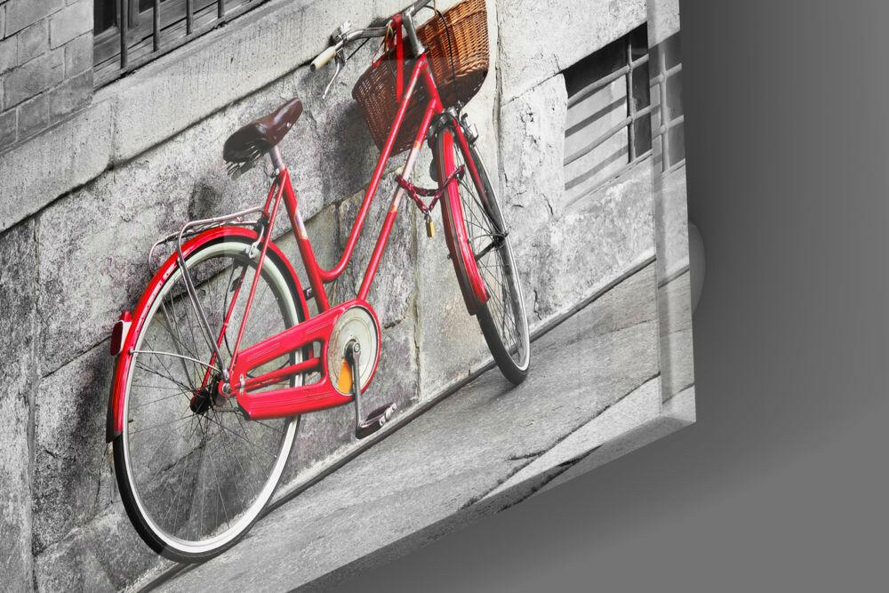 Red Bicycle Basket Brick Alley Glass Wall Art