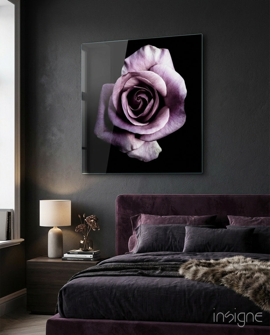 Single Lilac Rose On Black Glass Wall Art