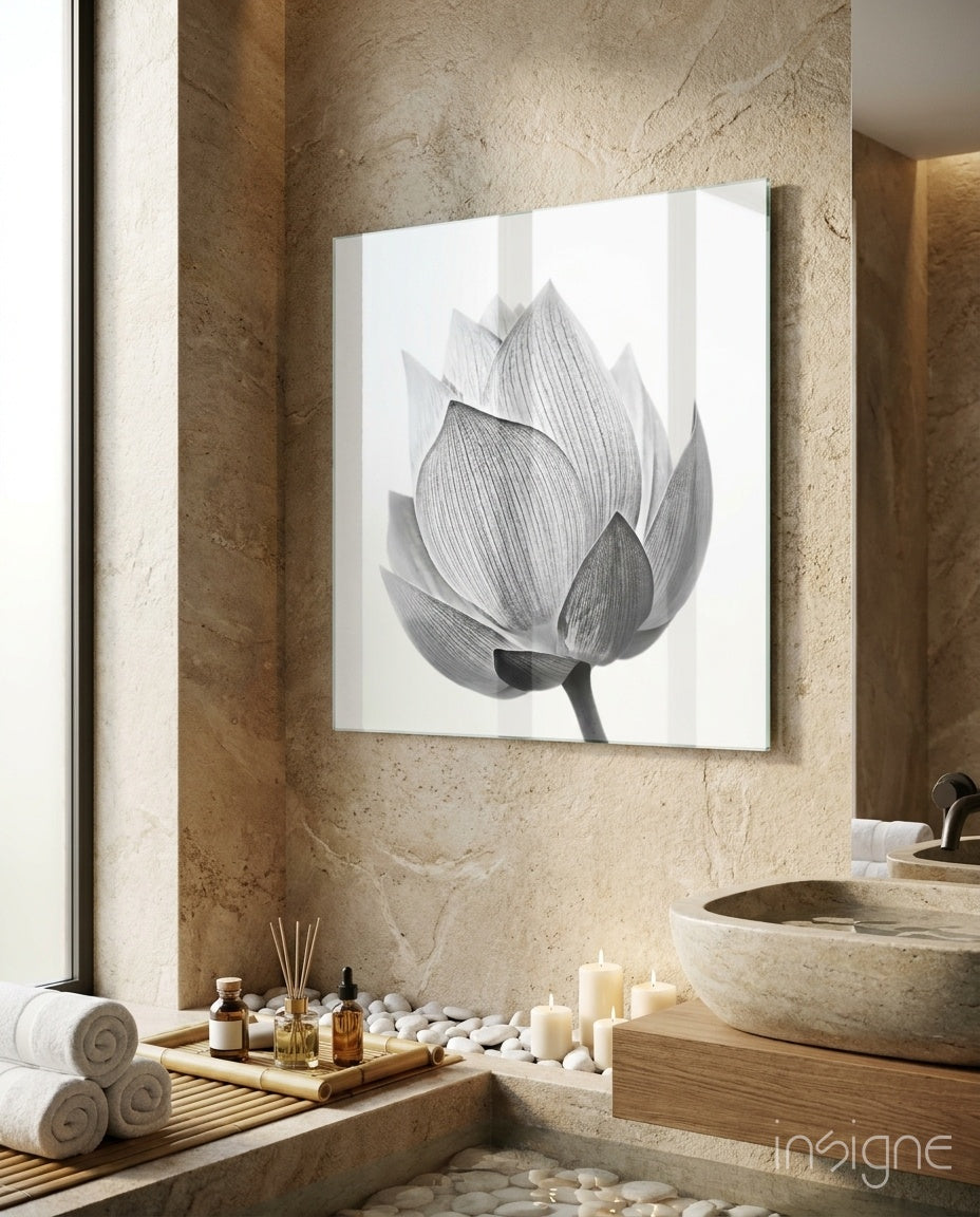 Silver Lotus Blossom Glass Wall Art